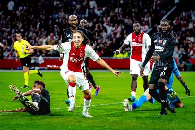 AFC Ajax Amsterdam midfielder Kian Fitz-Jim scores the 1-0 and celebrating the goal, during the match Ajax - Besiktas at the Johan Cruijff ArenA for the UEFA Europa League - League phase - Matchday 1 season 2024-2025 in AMSTERDAM, Netherlands on 26 september 2024, (photo by Marcel van Dorst EYE4images DeFodi Images) Defodi-746_190714