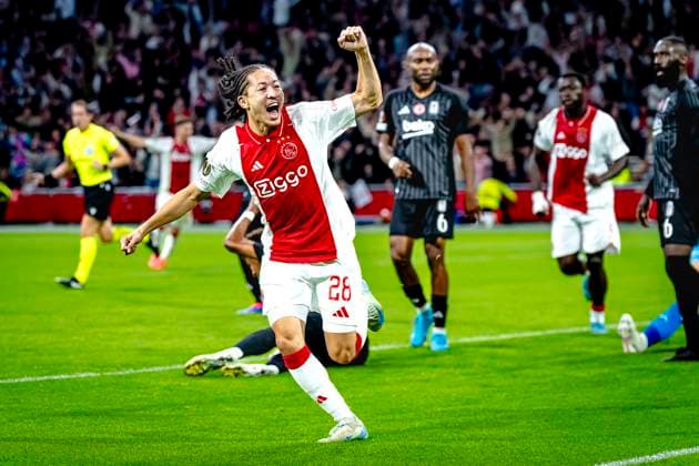 AFC Ajax Amsterdam midfielder Kian Fitz-Jim scores the 1-0 and celebrating the goal, during the match Ajax - Besiktas at the Johan Cruijff ArenA for the UEFA Europa League - League phase - Matchday 1 season 2024-2025 in AMSTERDAM, Netherlands on 26 september 2024, (photo by Marcel van Dorst EYE4images DeFodi Images) Defodi-746_190719