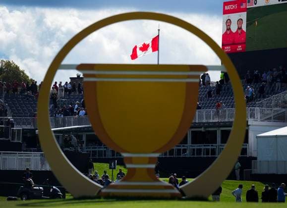 September 26, 2024, Montreal, Qc, CANADA: The Canadian flag blows in the wind during first round four-ball match at the Presidents Cup golf tournament at the Royal Montreal Golf Club, in Montreal on Thursday, September 26, 2024. Canada News - September 26, 2024  - ZUMAc35_ 20240926_zaf_c35_133 Copyright: xNathanxDenettex