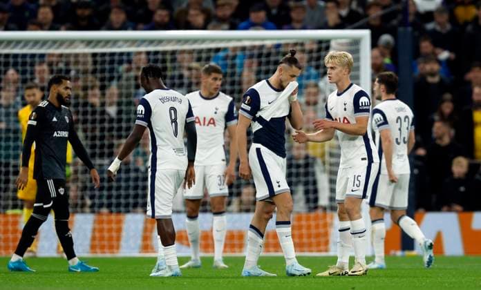 Tottenham Hotspur v Qarabag FK - UEFA Europa League 2024 25 League Phase MD1 Radu Dragusin of Tottenham Hotspur leaves the field after receiving a red card during the UEFA Europa League 2024 25 League Phase MD1 match between Tottenham Hotspur and Qarabag FK at Tottenham Hotspur Stadium on September 26, 2024 in London, England. London Tottenham Hotspur Stadium England United Kingdom Copyright: xNigelxFrench Sportsphoto APLx 14049023