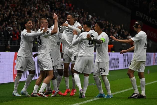 26.09.2024, xsltx, Fussball UEFA Europa League, Eintracht Frankfurt - Viktoria Pilsen emspor, v.l. Torjubel nach dem Tor zum celebrating the goal celebrate 3:1 durch Rasmus Kristensen (Eintracht Frankfurt) (DFL DFB REGULATIONS PROHIBIT ANY USE OF PHOTOGRAPHS as IMAGE SEQUENCES and or QUASI-VIDEO) Frankfurt am Main