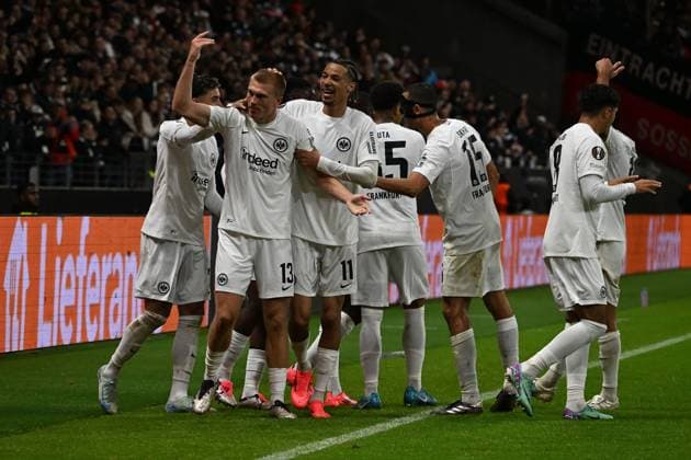26.09.2024, xsltx, Fussball UEFA Europa League, Eintracht Frankfurt - Viktoria Pilsen emspor, v.l. Torjubel nach dem Tor zum celebrating the goal celebrate 3:1 durch Rasmus Kristensen (Eintracht Frankfurt) (DFL DFB REGULATIONS PROHIBIT ANY USE OF PHOTOGRAPHS as IMAGE SEQUENCES and or QUASI-VIDEO) Frankfurt am Main