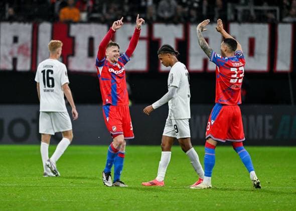 26.09.2024, xpsx, Fussball UEFA Europa League, Eintracht Frankfurt - Viktoria Pilsen v.l. jubel bei pilzen enttäuschung Igor Matanovic (Eintracht Frankfurt) (DFL DFB REGULATIONS PROHIBIT ANY USE OF PHOTOGRAPHS as IMAGE SEQUENCES and or QUASI-VIDEO) emspor Frankfurt