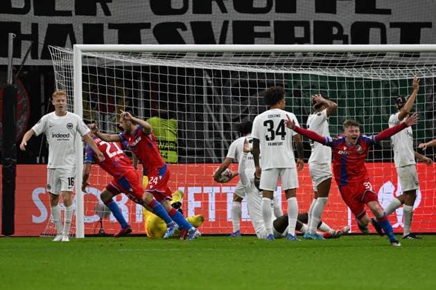 26.09.2024, xsltx, Fussball UEFA Europa League, Eintracht Frankfurt - Viktoria Pilsen emspor, v.l. Torjubel nach dem Tor zum celebrating the goal celebrate 3:3 durch Vaclav Jemelka (FC Viktoria Pilsen) (DFL DFB REGULATIONS PROHIBIT ANY USE OF PHOTOGRAPHS as IMAGE SEQUENCES and or QUASI-VIDEO) Frankfurt am Main