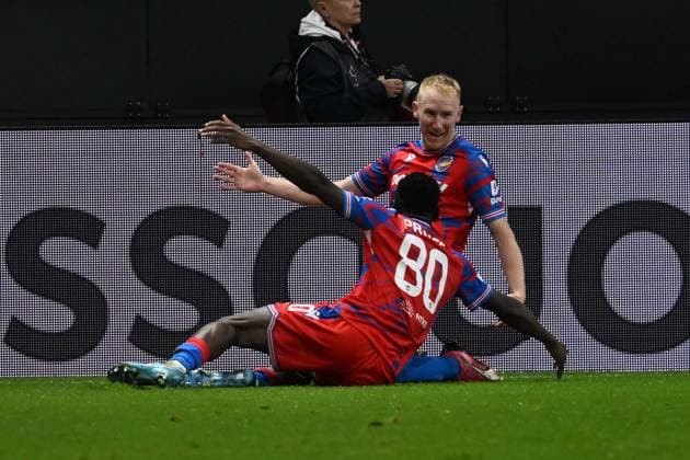 26.09.2024, xsltx, Fussball UEFA Europa League, Eintracht Frankfurt - Viktoria Pilsen emspor, v.l. Torjubel nach dem Tor zum celebrating the goal celebrate 3:3 durch Vaclav Jemelka (FC Viktoria Pilsen) (DFL DFB REGULATIONS PROHIBIT ANY USE OF PHOTOGRAPHS as IMAGE SEQUENCES and or QUASI-VIDEO) Frankfurt am Main
