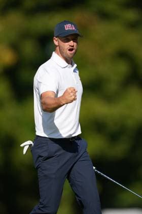 September 26, 2024, Montreal, Pq, Canada: United States team member Wyndham Clark celebrates a birdie putt on the 11th hole during a first round four-ball match at the Presidents Cup golf tournament at the Royal Montreal Golf Club in Montreal, Thursday, Sept. 26, 2024. Canada News - September 26, 2024  - ZUMAc35_ 20240926_zaf_c35_166 Copyright: xChristinnexMuschix