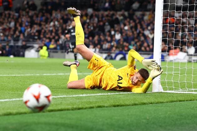 Tottenham v Qarabag 26 September 2024, London - UEFA EUROPA League - Tottenham Hotspur v Qarabag FK - Tottenham Hotspur goalkeeper Guglielmo Vicario keeps his eye on the ball after it comes off the post - Photo: Charlotte Wilson Offside. London UK Copyright: xCharlottexWilsonx xOffsidexOffside