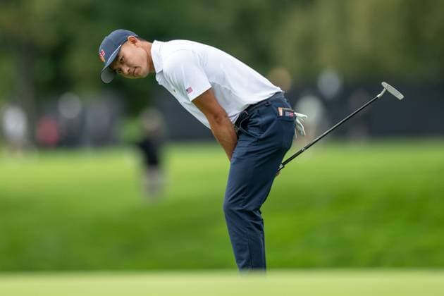 MONTREAL, QC - SEPTEMBER 26: Team USA golfer Collin Morikawa reacts after missing his put on the second green at the 2024 Presidents Cup on September 26, 2024 at The Royal Montreal Golf Club in Montreal, QC (Photo by Vincent Ethier Icon Sportswire) GOLF: SEP 26 Presidents Cup EDITORIAL USE ONLY Icon240926049