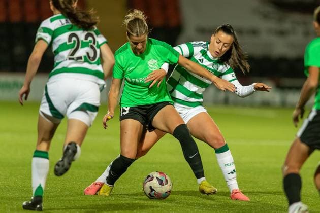 Celtic Women v Vorskla Poltava Women UEFA Womens Champions League 26 09 2024. Amy Gallacher of Celtic tries to take the ball from Viktoriia Radionova of FC Vorskla Poltava during the UEFA Womens Champions League match between Celtic Women and Vorskla Poltava Women at Albert Bartlett Stadium, Glasgow, Scotland on 26 September 2024. Editorial use only , Copyright: xColinxPoultneyx PSI-20512-0040