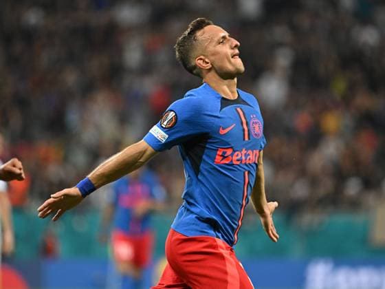 Marius È˜tefÄƒnescu celebrates after scoring a goal during the UEFA Europa League match between FCSB and RFS at the Arena Nationala in Bucharest, Thursday, September 26, 2024 Bucharest Copyright: xRazvanxPasarica SPORTxPICTURESx