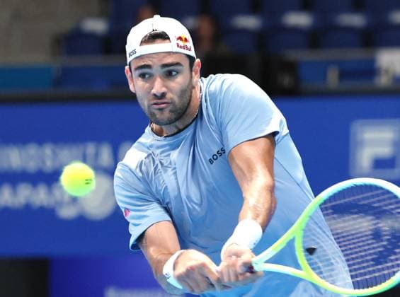September 27, 2024, Tokyo, Japan - Matteo Berrettini of Italy retuens the ball against Arthur Fils of France at the second round match of the Japan Open Tennis championships at the Ariake Colosseum in Tokyo on Friday, September 27, 2024. Berrettini withdrew the game after the first set. (photo by Yoshio Tsunoda AFLO) Noxthirdxpartyxsales  (268009928)