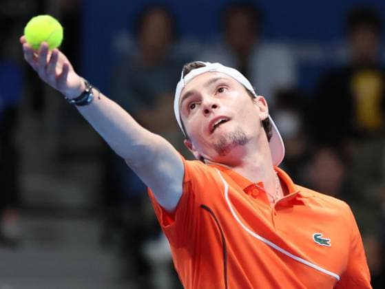 September 27, 2024, Tokyo, Japan - Ugo Humbert of France tosses the ball to deliver a service against Brandon Nakashima of the United States at the second round match of the Japan Open Tennis championships at the Ariake Colosseum in Tokyo on Friday, September 27, 2024. Berrettini withdrew the game after the first set. (photo by Yoshio Tsunoda AFLO) Noxthirdxpartyxsales  (268014472)