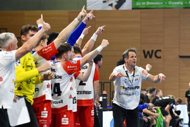 HBW Balingen-Weilstetten jubelt GER, HC Elbflorenz 2006 vs. HBW Balingen-Weilstetten, Handball, 2. Bundesliga, Spieltag 4, Saison 2024 2025, 27.09.2024 GER, HC Elbflorenz 2006 vs. HBW Balingen-Weilstetten, Handball, 2. Bundesliga, Spieltag 4, Saison 2024 2025, 27.09.2024 Dresden