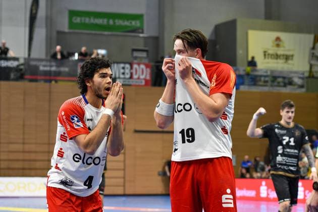 Tim Matthes (HBW Balingen-Weilstetten, 04), Robert Timmermeister (HBW Balingen-Weilstetten, 19) GER, HC Elbflorenz 2006 vs. HBW Balingen-Weilstetten, Handball, 2. Bundesliga, Spieltag 4, Saison 2024 2025, 27.09.2024 GER, HC Elbflorenz 2006 vs. HBW Balingen-Weilstetten, Handball, 2. Bundesliga, Spieltag 4, Saison 2024 2025, 27.09.2024 Dresden