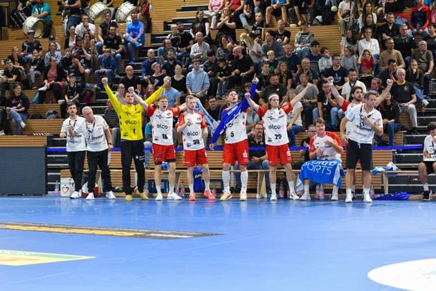 Jubel HBW Balingen-Weilstetten GER, HC Elbflorenz 2006 vs. HBW Balingen-Weilstetten, Handball, 2. Bundesliga, Spieltag 4, Saison 2024 2025, 27.09.2024 GER, HC Elbflorenz 2006 vs. HBW Balingen-Weilstetten, Handball, 2. Bundesliga, Spieltag 4, Saison 2024 2025, 27.09.2024 Dresden