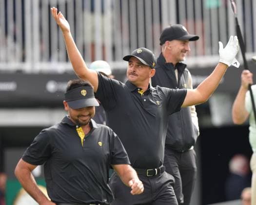 September 27, 2024, Montreal, Pq, Canada: International team member Christiaan Bezuidenhout of South Africa, pumps up the crowd after teeing off with partner International team member Jason Day of Australia, during second round foursome match at the Presidents Cup golf tournament at Royal Montreal Golf Club in Montreal, Friday, Sept. 27, 2024. Golf 2024: Presidents Cup: Round Two  - ZUMAc35_ 20240927_zaf_c35_068 Copyright: xNathanxDenettex