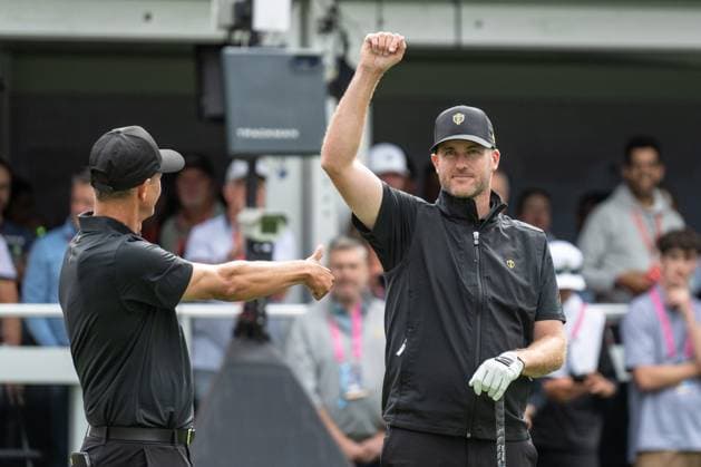 MONTREAL, QC - SEPTEMBER 27: International Team golfer Taylor Pendrith salutes de crowd the first tee at the 2024 Presidents Cup on September 27, 2024 at The Royal Montreal Golf Club in Montreal, QC (Photo by Vincent Ethier Icon Sportswire) GOLF: SEP 27 Presidents Cup EDITORIAL USE ONLY Icon2409270497
