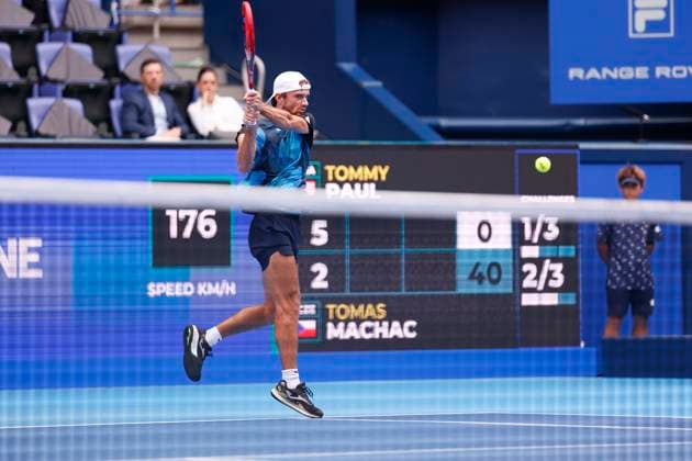September 28, 2024, Tokyo, Japan: Tomas MACHAC (CZE) hits a return against Tommy PAUL (USA) during the Kinoshita Group Japan Open Tennis Championships 2024 at the Ariake Coloseum. This is the longest-running ATP, Tennis Herren Tour tournament in Asia, first held in 1972. The tournaments run from September 23 to October 1st. Tokyo Japan - ZUMAm191 20240928_aap_m191_013 Copyright: xRodrigoxReyesxMarinx