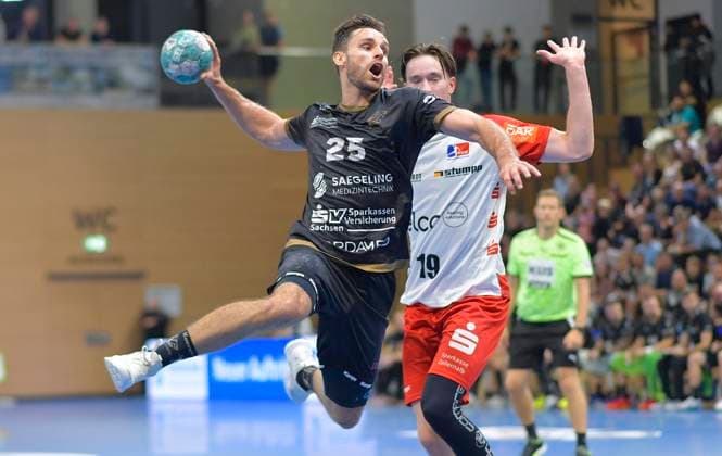 27.09.2024, Dresdens Sebastian Greß trifft, Handball, 2. Bundesliga, HC Elbflorenz Dresden- HBW Balingen-Weilstetten, (c) Dresden