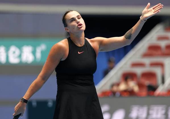 (240928) -- BEIJING, Sept. 28, 2024 -- Aryna Sabalenka of Belarus reacts during the women s singles second round match between Aryna Sabalenka of Belarus and Mananchaya Sawangkaew of Thailand at 2024 China Open tennis tournament in Beijing, capital of China, Sept. 28, 2024. ) (SP)CHINA-BEIJING-TENNIS-CHINA OPEN-WOMEN S SINGLES-SECOND ROUND (CN) ZhangxChenlin 