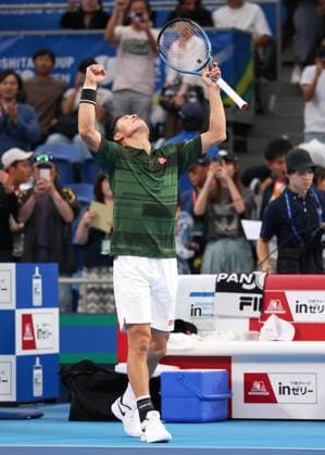 Kei Nishikori jubelt nach dem Sieg, Jubel, Freude, Emotion, Kinoshita Group Japan Open Tennis Championships, Tokyo, Japan Copyright: xJuergenxHasenkopfx
