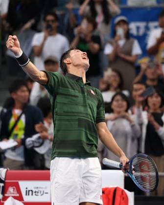 Kei Nishikori jubelt nach dem Sieg, Jubel, Freude, Emotion, Kinoshita Group Japan Open Tennis Championships, Tokyo, Japan Copyright: xJuergenxHasenkopfx