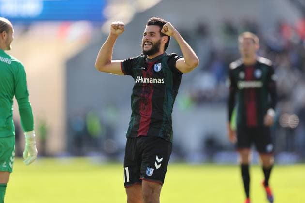 28.09.2024, xdcx, Fussball 2. Bundesliga, SV Darmstadt 98 - 1. FC Magdeburg, emonline, emspor, despor, v.l., Mohammed El Hankouri (1. FC Magdeburg) jubelnd bejubelt jubelt jubeln DFL DFB REGULATIONS PROHIBIT ANY USE OF PHOTOGRAPHS AS IMAGE SEQUENCES AND OR QUASI-VIDEO.