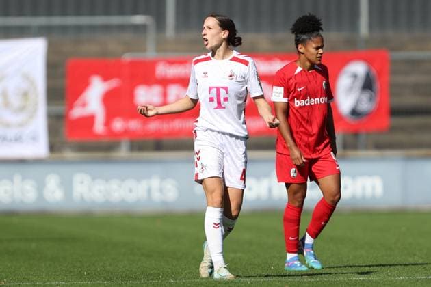 Sara Agrez (1. FC Koeln) gestikuliert, Gestik waehrend des Spiels der 1. Frauen Bundesliga zwischen 1.FC Köln und SC Freiburg, Franz-Kremer-Stadion am 28. September 2024 in Köln, Deutschland. (Foto von Oliver Kaelke DeFodi Images) +++ Sara Agrez (1. FC Koeln) gestures during the Woman Bundesliga match between 1.FC Köln and SC Freiburg at Franz-Kremer-Stadion on September 28, 2024 in Köln, Germany. (Photo by Oliver Kaelke DeFodi Images) DFL regulations prohibit any use of photographs as image sequences and or quasi-video. Defodi-003_678_2024_09_28_OK_KOESCF_0472