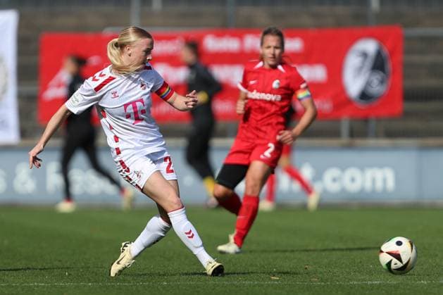 Anna Gerhardt (1. FC Koeln) in Aktion, am Ball, Einzelaktion waehrend des Spiels der 1. Frauen Bundesliga zwischen 1.FC Köln und SC Freiburg, Franz-Kremer-Stadion am 28. September 2024 in Köln, Deutschland. (Foto von Oliver Kaelke DeFodi Images) +++ Anna Gerhardt (1. FC Koeln) controls the ball during the Woman Bundesliga match between 1.FC Köln and SC Freiburg at Franz-Kremer-Stadion on September 28, 2024 in Köln, Germany. (Photo by Oliver Kaelke DeFodi Images) DFL regulations prohibit any use of photographs as image sequences and or quasi-video. Defodi-003_678_2024_09_28_OK_KOESCF_0569