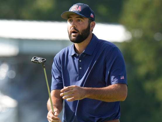September 28, 2024, Montreal, Pq, Canada: United States team member Scottie Scheffler reacts after missing a putt on the 9th hole during their third round four-ball match at the Presidents Cup golf tournament at Royal Montreal Golf Club in Montreal Saturday, Sept. 28, 2024. Scottie Scheffler,  - ZUMAc35_ 20240928_zaf_c35_023 Copyright: xFrankxGunnx