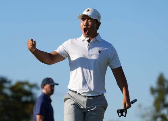 September 28, 2024, Montreal, Pq, Canada: International team member Tom Kim of South Korea, reacts after making a birdie on the 9th hole during their fourth round foursomes match at the Presidents Cup golf tournament at Royal Montreal Golf Club, in Montreal, Saturday, Sept. 28, 2024. Tom Kim, - ZUMAc35_ 20240928_zaf_c35_138 Copyright: xNathanxDenettex