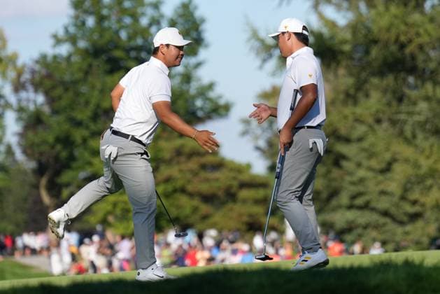 September 28, 2024, Montreal, Pq, Canada: International team member Si Woo Kim of South Korea,, right, celebrates with partner Tom Kim, of South Korea, after a birdie putt on the 5th hole during their fourth round foursomes match at the Presidents Cup golf tournament at Royal Montreal Golf Club, in Montreal, Saturday, Sept. 28, 2024. Si Woo Kim, Tom Kim, - ZUMAc35_ 20240928_zaf_c35_142 Copyright: xNathanxDenettex