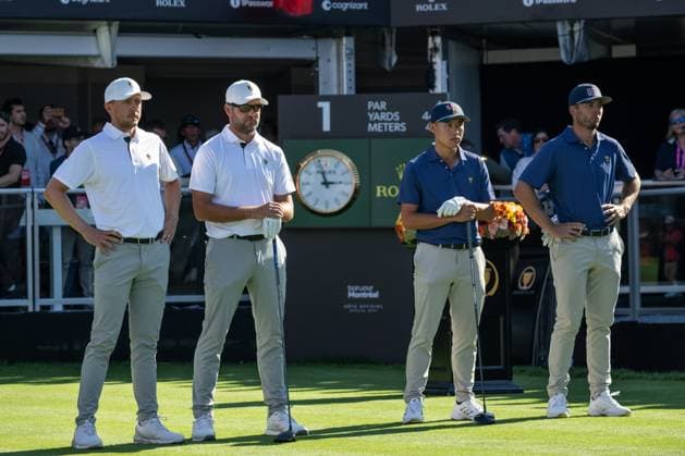 MONTREAL, QC - SEPTEMBER 28: International Team golfer Mackenzie Hughes and teammate Corey Conners, Team USA golfer Collin Morikawa and teammate Sam Burns at the first tee at the 2024 Presidents Cup on September 28, 2024 at The Royal Montreal Golf Club in Montreal, QC (Photo by Vincent Ethier Icon Sportswire) GOLF: SEP 28 Presidents Cup EDITORIAL USE ONLY Icon2409280710