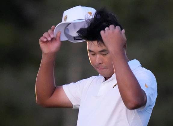 September 28, 2024, Montreal, Pq, Canada: International team member Si Woo Kim of South Korea, reacts after missing his putt on the 18th hole during their fourth round foursomes match at the Presidents Cup golf tournament at Royal Montreal Golf Club Saturday, September 28, 2024 in Montreal. Si Woo Kim,  - ZUMAc35_ 20240928_zaf_c35_204 Copyright: xFrankxGunnx