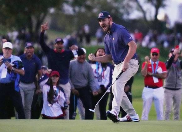 September 28, 2024, Montreal, Pq, Canada: United States team member Patrick Cantlay reacts after making the winning putt on the 18th hole during their fourth round foursomes match at the Presidents Cup golf tournament at Royal Montreal Golf Club Saturday, September 28, 2024 in Montreal. Patrick Cantlay,  - ZUMAc35_ 20240928_zaf_c35_202 Copyright: xNathanxDenettex