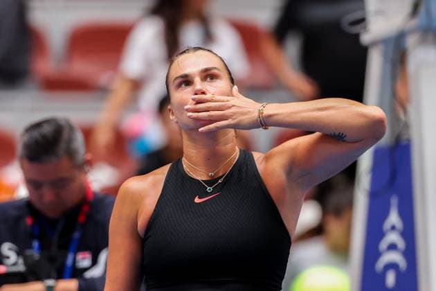 BEIJING, CHINA - SEPTEMBER 28: Aryna Sabalenka of Belarus reacts in the Women s Singles Round of 64 match against Mananchaya Sawangkaew of Thailand on day six of 2024 China Open at National Tennis Center on September 28, 2024 in Beijing, China.  Copyright: xVCGx 111520849450