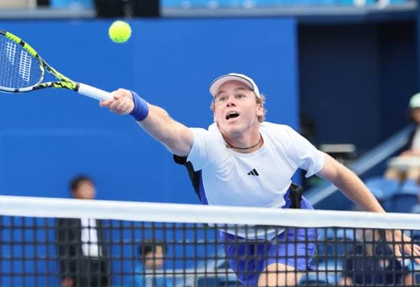 September 29, 2024, Tokyo, Japan - Alex Michelsen of the United States retuens the ball against Tomas Machac of Czech Republic at the quarter-final match of the Japan Open Tennis championships at the Ariake Colosseum in Tokyo on Sunday, September 29, 2024. (photo by Yoshio Tsunoda AFLO) Noxthirdxpartyxsales  (0765583186st)