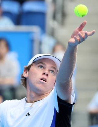 September 29, 2024, Tokyo, Japan - Alex Michelsen of the United States tossesthe ball to deliver a service against Tomas Machac of Czech Republic at the quarter-final match of the Japan Open Tennis championships at the Ariake Colosseum in Tokyo on Sunday, September 29, 2024. (photo by Yoshio Tsunoda AFLO) Noxthirdxpartyxsales  (0765583377st)
