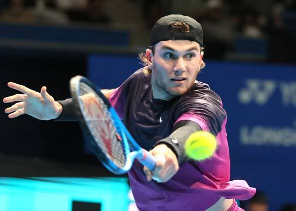 September 29, 2024, Tokyo, Japan - Jack Draper of Britain retuens the ball against Ugo Humbert of France at the quarter-final match of the Japan Open Tennis championships at the Ariake Colosseum in Tokyo on Sunday, September 29, 2024. Draper withdrew the game by injury. (photo by Yoshio Tsunoda AFLO) Noxthirdxpartyxsales  (0765599156st)