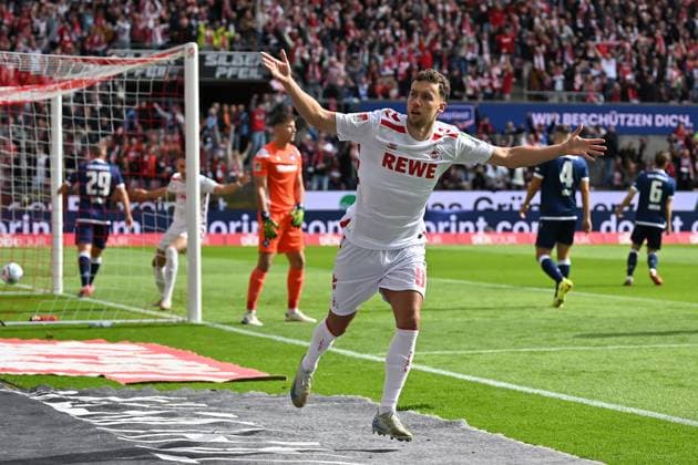 Koeln, Rheinenergiestadion, 29.09.24, GER, Herren, 2.Bundesliga, Saison 2024-2025, 1.FC Koeln - Karlsruher SC Bild: Luca WALDSCHMIDT (Koeln) jubelt nach seinem Tor zum 1:0 Only for editorial use! DFL regulations prohibit any use of photographs as image sequences and or quasi-video. NRW Deutschland