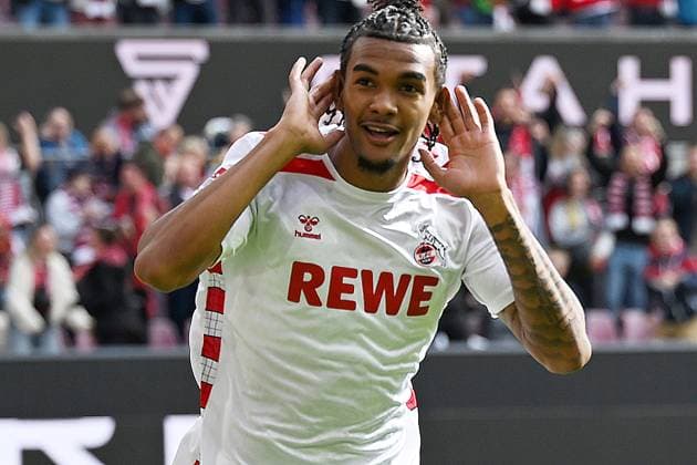Koeln, Rheinenergiestadion, 29.09.24, GER, Herren, 2.Bundesliga, Saison 2024-2025, 1.FC Koeln - Karlsruher SC Bild: Damion DOWNS (Koeln) jubelt nach seinem Tor zum 2:0 Only for editorial use! DFL regulations prohibit any use of photographs as image sequences and or quasi-video. NRW Deutschland