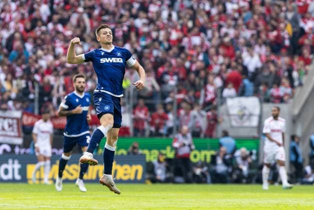 2. Fußball Bundesliga: 1.FC Köln - Karlsruher SC; 29.09.2024 Marvin Wanitzek (Karlsruher SC, 10) im Jubel, 3:2. 2. Fußball Bundesliga: 1.FC Köln - Karlsruher SC; Rhein-Energie-Stadion, Köln; 29.09.2024 DFL REGULATIONS PROHIBIT ANY USE OF PHOTOGRAPHS AS IMAGE SEQUENCES AND OR QUASI-VIDEO.