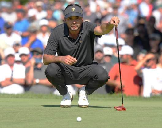 September 29, 2024, Montreal, Pq, Canada: International team member Jason Day of Australia, lines up his putt on the 2nd hole during their fifth round singles match at the Presidents Cup golf tournament at Royal Montreal Golf Club on Sunday, September 29, 2024 in Montreal. Jason Day,  - ZUMAc35_ 20240929_zaf_c35_005 Copyright: xFrankxGunnx