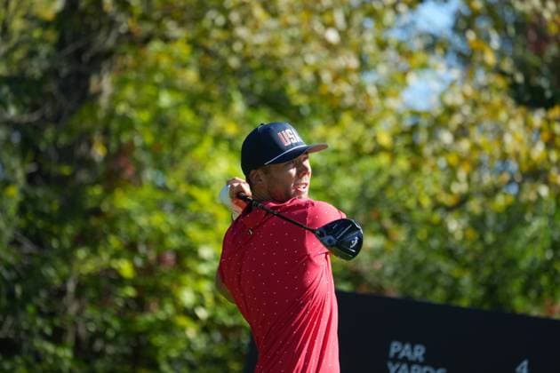 September 29, 2024, Montreal, Pq, Canada: United States team member Sam Burns hits his shot from the 4th tee during his fifth round singles match at the Presidents Cup golf tournament at Royal Montreal Golf Club on Sunday, September 29, 2024 in Montreal. Canada News - September 29, 2024  - ZUMAc35_ 20240929_zaf_c35_045 Copyright: xChristinnexMuschix