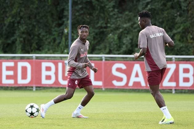 SOCCER - UEFA CL, RBS vs Brest SALZBURG,AUSTRIA,30.SEP.24 - SOCCER - UEFA Champions League, Red Bull Salzburg vs Stade Brestois 29, preview, training RBS. Image shows Dorgeles Nene and Karim Konate (RBS).  GEPAxpictures xDavidxGeieregger