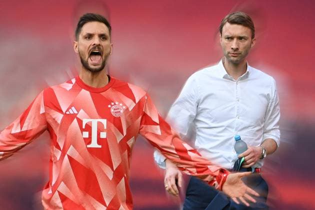 FOTOMONTAGE. Sven Ulreich entschuldigt sich nach Verbalattacke bei Simon ROLFES (Sportdirektor LEV) waehrend des Bundesliga Spiels FC Bayern Muenchen - Bayer Leverkusen.