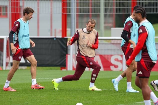 Harry Kane (FC Bayern Muenchen, 09) beim Training, Abschlusstraining, FC Bayern Muenchen, Fussball, UEFA Champions League, 2. Spieltag, Saison 24 25, 01.10.2024, Abschlusstraining, FC Bayern Muenchen, Fussball, UEFA Champions League, 2. Spieltag, Saison 24 25, 01.10.2024 Muenchen Copyright: xEibner-Pressefoto JennixMaulx EP_JML