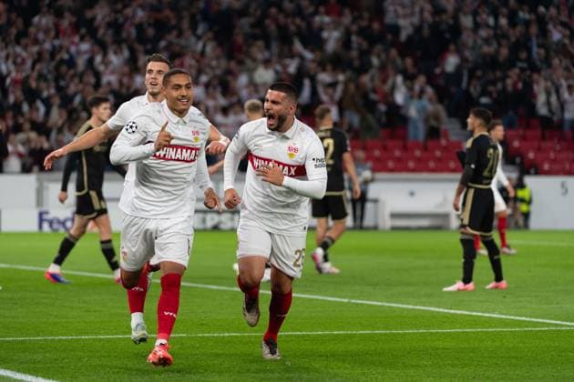 Tor zum 1:0 durch Enzo Millot (VfB Stuttgart, 08) jubel mit Deniz Undav (VfB Stuttgart 26), Ermedin Demirovic (VfB Stuttgart, 09) GER, VfB Stuttgart vs. AC Sparta Prag, Fussball, Herren, UEFA Champions League, 2. Spieltag, Spielzeit 2024 2025, 01.10.2024, GER, VfB Stuttgart vs. AC Sparta Prag, Fussball, Herren, UEFA Champions League, 2. Spieltag, Spielzeit 2024 2025, 01.10.2024 Stuttgart Copyright: xEibner-Pressefoto WolfgangxFrankx EP_WFK