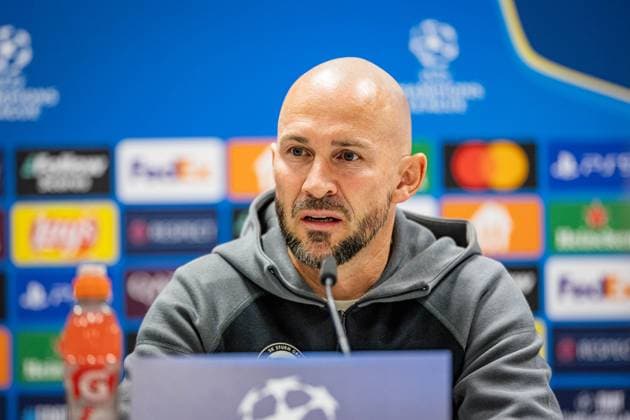 SOCCER - UEFA CL, Sturm vs Bruegge KLAGENFURT,AUSTRIA,01.OCT.24 - SOCCER - UEFA Champions League, SK Sturm Graz vs FC Bruegge, preview, press conference, PK, Pressekonferenz Sturm. Image shows head coach Christian Ilzer (Sturm).  GEPAxpictures xMatthiasxTrinkl