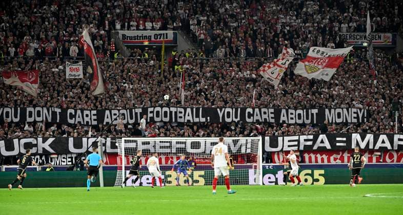 Transparent, Fanplakat, Banner, Plakat, Spruchband, Fanaktion gegen UFEA Mafia Champions League VfB Stuttgart vs AC Sparta Prag 01.10.2024 DFL REGULATIONS PROHIBIT ANY USE OF PHOTOGRAPHS AS IMAGE SEQUENCES AND OR QUASI-VIDEO VfB Stuttgart vs AC Sparta Prag